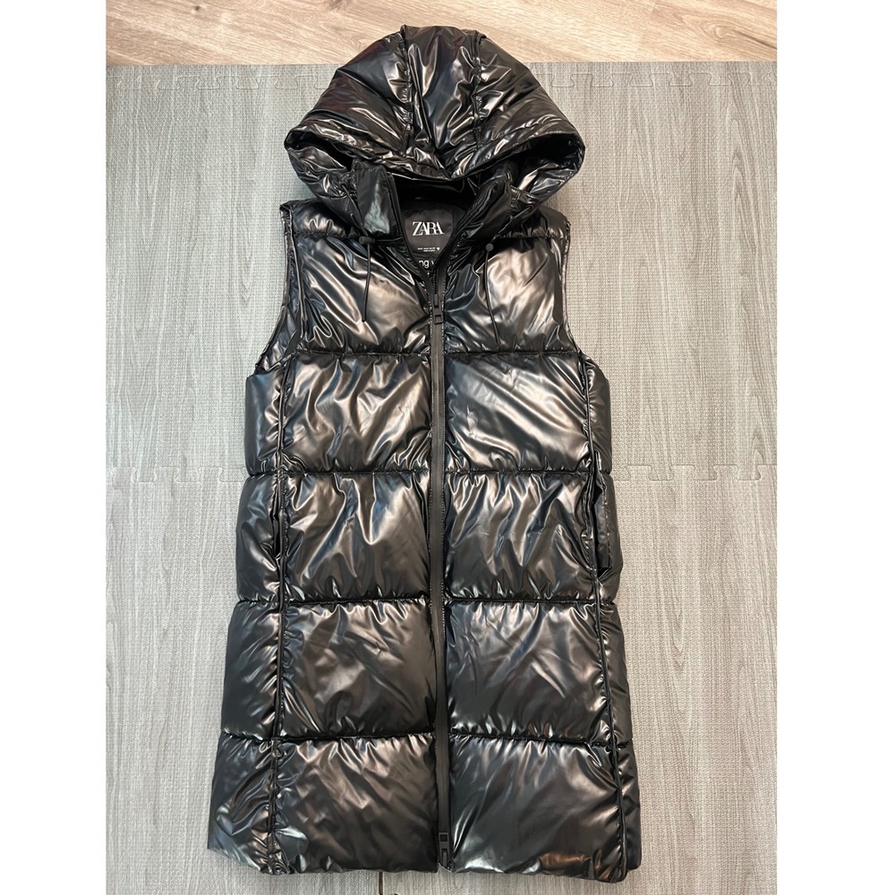 ZARA Black Glossy Long‎ Puffer Vest Hooded Water Repellent Womens M